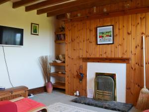 a living room with a wood wall with a fireplace at Y Bwthyn in Llandegai