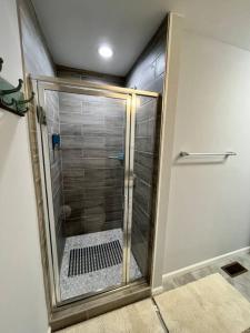 une douche avec une porte vitrée dans une salle de bain dans l'établissement Walkable Waxhaw, à Marvin