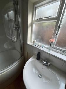 ロンドンにあるBeautiful ground floor garden flatのバスルーム(洗面台、トイレ付)、窓が備わります。