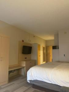 a bedroom with a bed and a flat screen tv at Holiday Inn Express Cedar Rapids - Collins Road, an IHG Hotel in Cedar Rapids