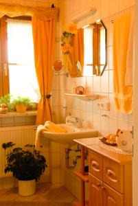 uma casa de banho com um lavatório e um espelho em Ferienwohnung Freißl em Rottenbuch