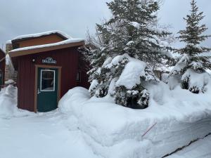 drzewo pokryte śniegiem przed małą szopą w obiekcie Faithful Street Inn w mieście West Yellowstone