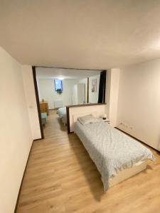 a bedroom with a bed and a large mirror at Riquewihr centre historique in Riquewihr