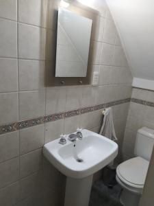 y baño con lavabo, aseo y espejo. en Casa en Mendoza en Godoy Cruz
