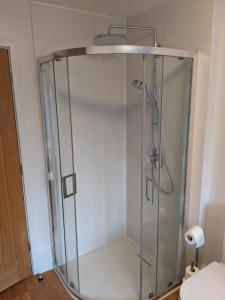 a shower with a glass door in a bathroom at Former Romsey Brewery House in Romsey