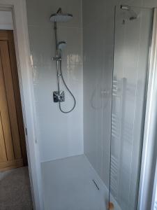 a shower stall with a glass door in a bathroom at Former Romsey Brewery House in Romsey