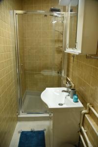 a bathroom with a sink and a shower at Restoran,,Vuk,, Tršić in TrÅ¡iÄ‡ +32 photos