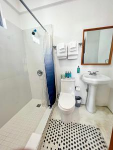 a bathroom with a toilet and a sink and a shower at Urbana Hotel in San Juan