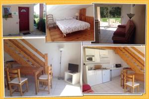 a series of four pictures of a bedroom and a kitchen at Meublés de Margastau in Dieupentale