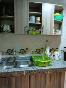 eine Küchenspüle mit einem grünen Korb auf der Theke in der Unterkunft Funstay Holiday Homes Nairobi 2 in Nairobi
