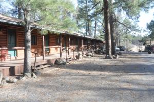 a log cabin with trees in front of it at Nine Pines Motel in Pinetop-Lakeside