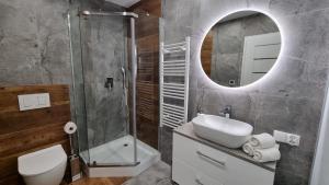 uma casa de banho com um lavatório, um chuveiro e um espelho. em Luxury Apartments Bernardyńska Domek 1 , 2 em Kielce