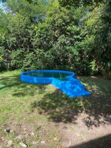 a blue trampoline in a yard with trees at Chalet de montaña cerca de Nono in Las Rabonas