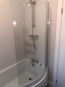 a bathroom with a shower and a tub with a sink at Shepherds retreat in Balby