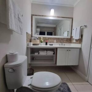 uma casa de banho com um WC branco e um espelho. em Beautiful 2 Bedroom Condo With Patio em Ocho Rios