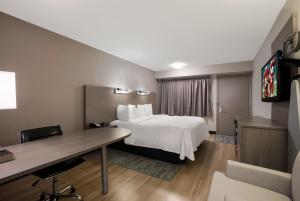 a hotel room with a bed and a desk at Red Roof Inn PLUS+ Chicago - Naperville in Naperville