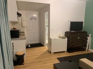 a living room with a white door and a television at Appartement T2 Paray vieille poste in Paray-Vieille-Poste