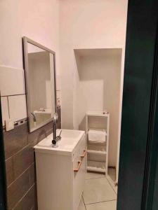 La salle de bains blanche est pourvue d'un lavabo et d'un miroir. dans l'établissement Bel appartement confortable Mons, à Mons