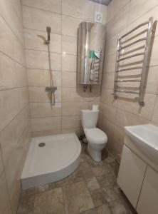 ein Bad mit einem WC, einer Dusche und einem Waschbecken in der Unterkunft Будинок де є басейн та дві бесідки in Kiew