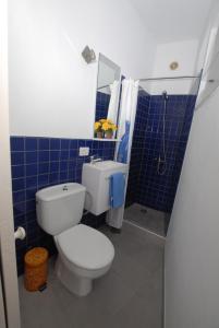 a blue tiled bathroom with a toilet and a shower at Punta mujeres casitas del mar in Arrieta
