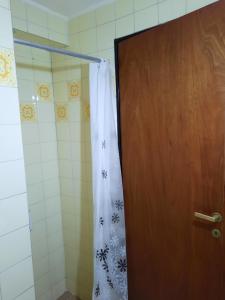 baño con cortina de ducha y puerta de madera en Departamento Estudio Alem y San Martin en Mendoza