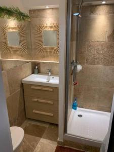 een badkamer met een douche, een wastafel en een toilet bij NOUVEAU Charme et vue mer in Deauville