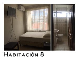 two pictures of a bedroom with a bed and a bathroom at Safety and Comfort in Santa Cruz de la Sierra