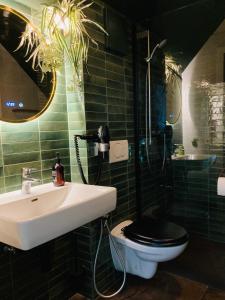 La salle de bains est pourvue de toilettes, d'un lavabo et d'une douche. dans l'établissement Diamond Forest - 8 Full Beds Summercard Included, à Kaprun