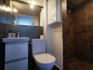 een badkamer met een toilet, een wastafel en een spiegel bij Elite Residence in Timişoara +6 foto's