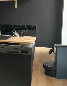 a kitchen with a counter and a toilet in a room at Champagne! Appartement spacieux Reims centre in Reims