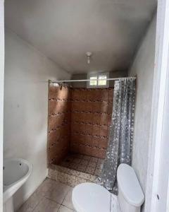a bathroom with a shower with a toilet and a sink at El Chalet del Canche in Iztapa