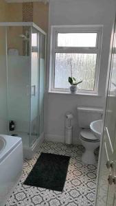a bathroom with a toilet and a sink and a window at Bumblebee Cottage in Donegal
