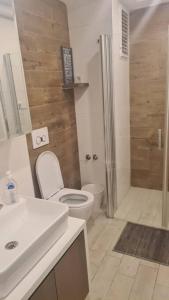 a bathroom with a toilet and a shower and a sink at Mountainview residency in Belek