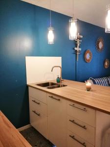 uma cozinha com um lavatório e uma parede azul em Charmant T2 avec grande terrasse et confort 3 étoiles em La Grande-Motte