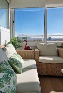 una habitación con 2 sofás y un pájaro rojo sentado en un balcón en Ático Los Flamingos. Exclusive terrace with views en Cabo de Gata