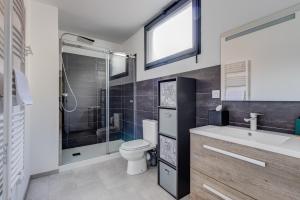 ein Bad mit einem WC, einem Waschbecken und einer Dusche in der Unterkunft Espaces 55, Maison de ville au centre de Lavaur in Lavaur