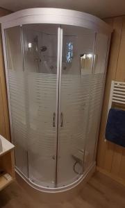 y baño con ducha y puerta de cristal. en Vivero 5 UF 12 en San Martín de los Andes