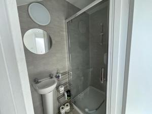 een badkamer met een douche, een toilet en een wastafel bij Westport town centre three bedroom in Mayo