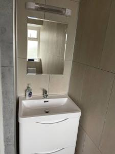 a bathroom with a white sink and a mirror at Westport town centre three bedroom in Mayo
