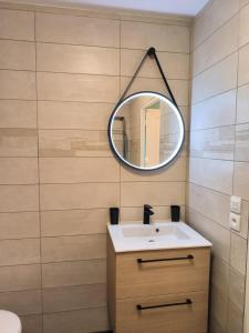 ein Bad mit einem Waschbecken und einem Spiegel in der Unterkunft Le colibri in Dinard