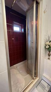 La salle de bains est pourvue d'une douche avec une porte en verre. dans l'établissement Palaz 6 - 2 bedroom flat, à Edmonton