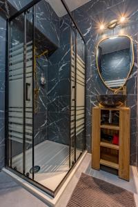 cabina de ducha con espejo y lavabo en Solstice T2 Hypercentre SmartTV Wifi, en Pamiers