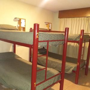 "B" SPACIO Hostel y Arte -Habitación Compartida- في ميندوزا: غرفة بها ثلاثة أسرة بطابقين
