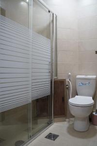 a bathroom with a toilet and a glass shower stall at ستوديوهات دانيال Daniel Studio in Ramallah