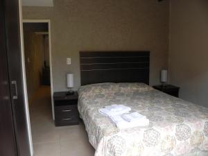 1 dormitorio con 1 cama con toallas en Apartamiento acogedor y familiar cerca Del Río en Tunuyán