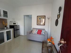 a living room with a couch and a kitchen at DaDaJuBa Aparta hotel in Santa Bárbara de Samaná
