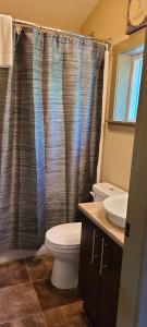a bathroom with a toilet and a shower curtain at A Shack In The Woods in Port Renfrew +37 photos