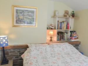 a bedroom with a bed and a book shelf at Ty Sally Jones in Bwlch