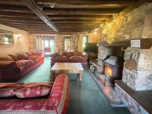 a living room with couches and a stone fireplace at Duvale Barn in Bampton