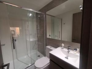 uma casa de banho com um chuveiro, um lavatório e um WC. em Exquisito Departamento Reñaca en el sector más turístico em Viña del Mar